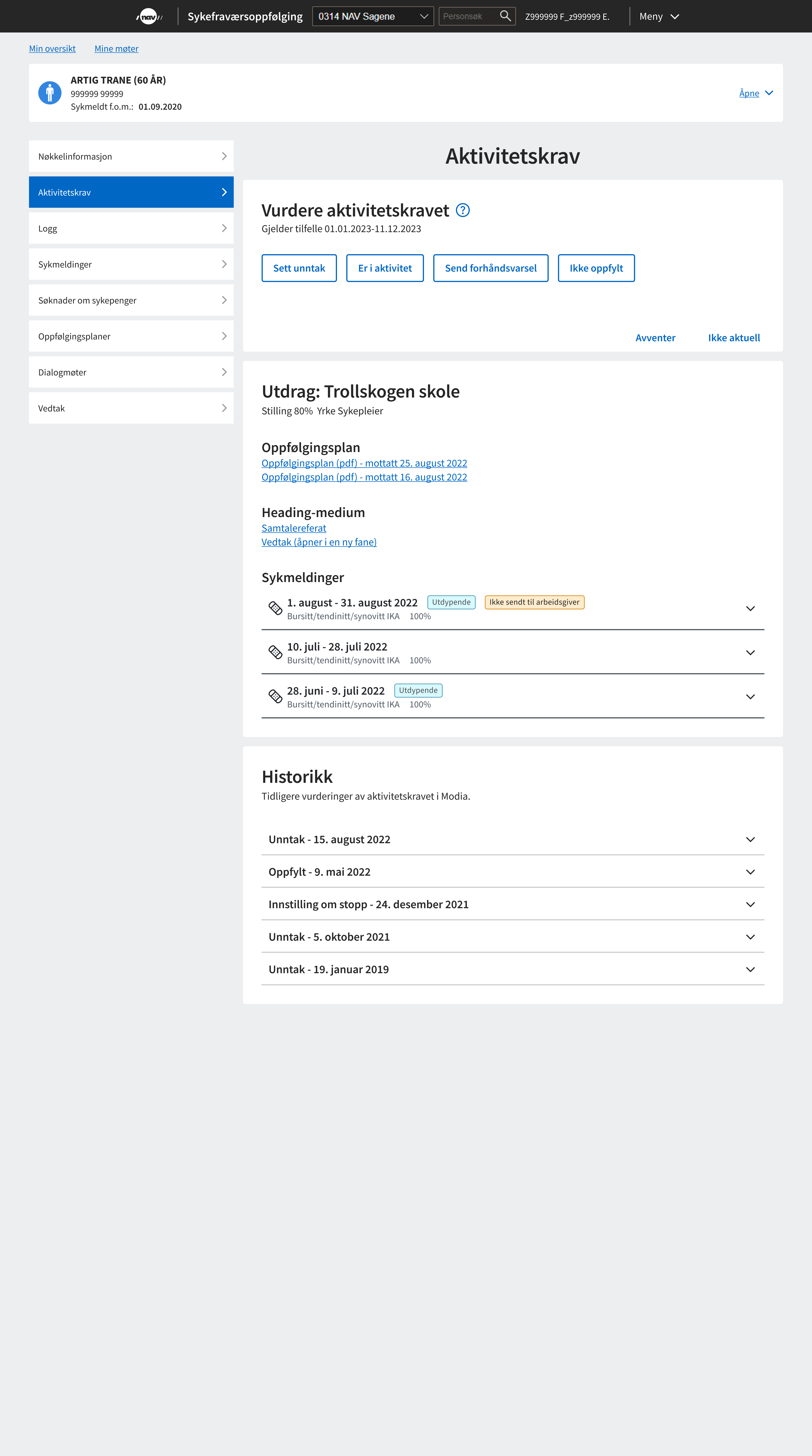 Button concept with assessment actions at the top of the Modia page