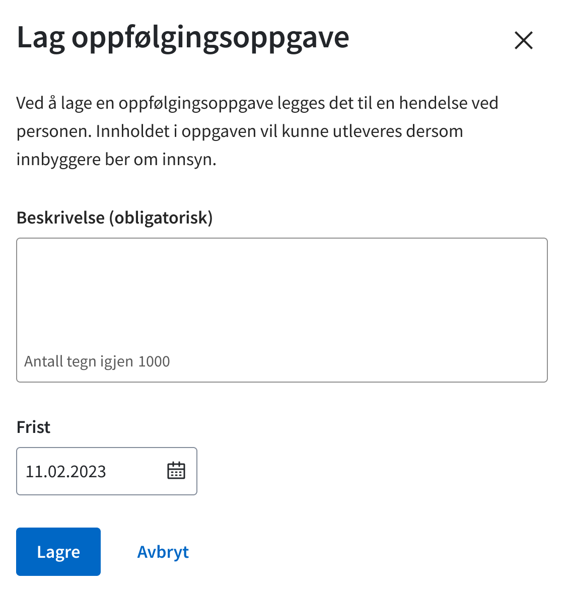 Free-text follow-up task with a note and due date