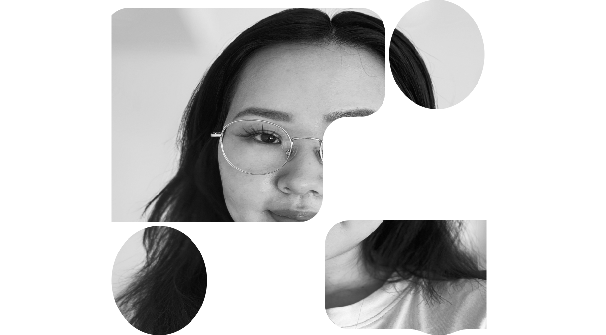 Black and white collage portrait of Andrea