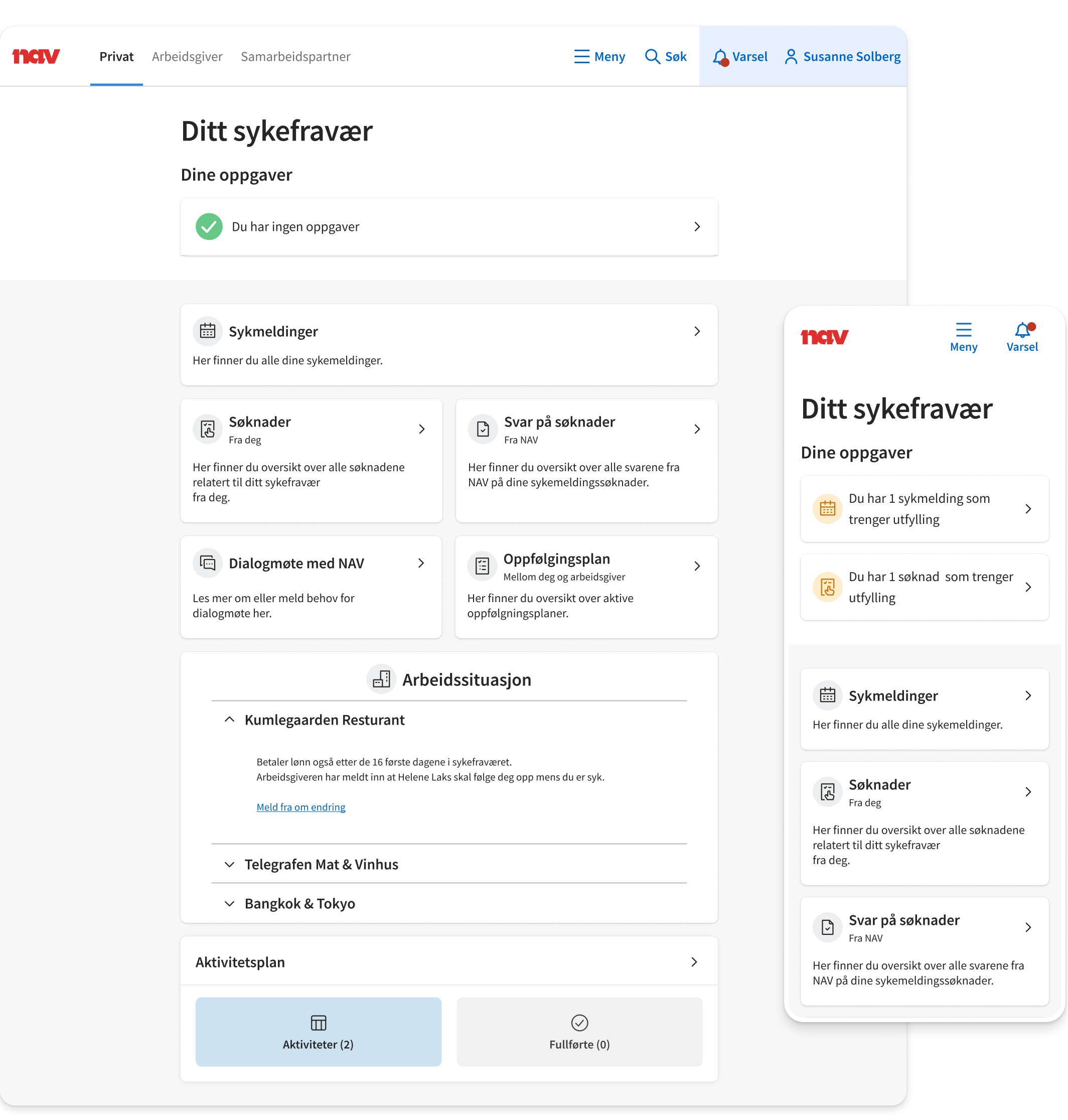 Ditt sykefravær: desktop and mobile views